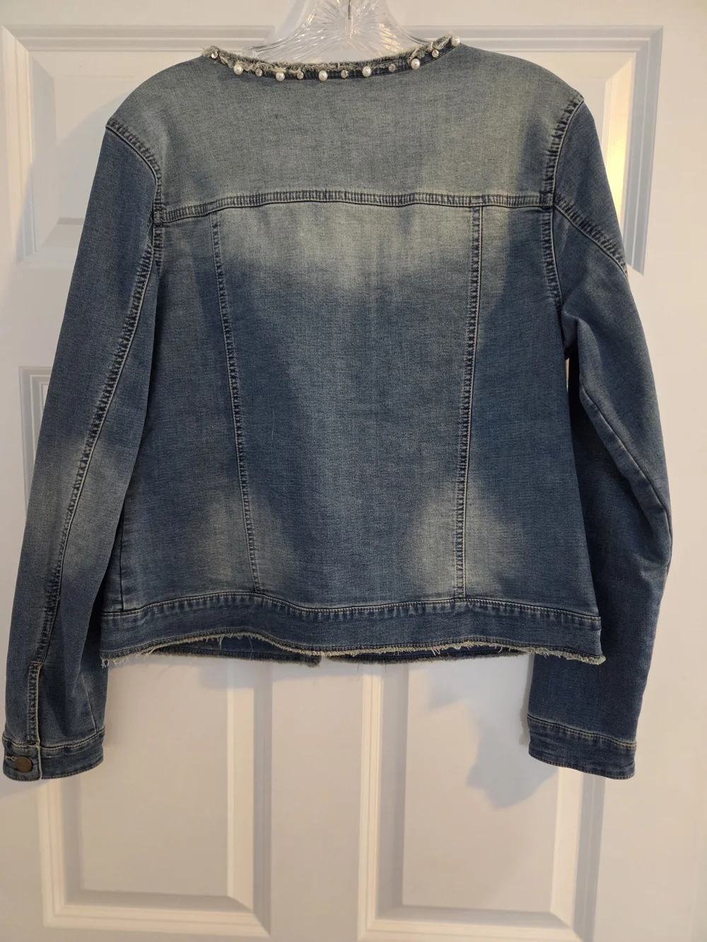 Women’s Light Wash Denim Jacket with Beaded Collar